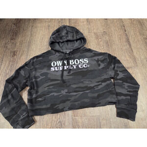 OWN BOSS SUPPLY CO Camo Gray Black Cropped Hoodie Sweatshirt Small
